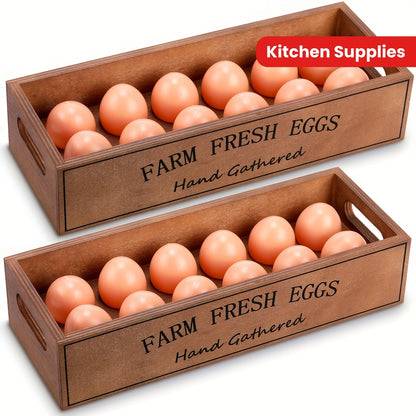 Farmhouse Wooden Egg Holder Rack 2pcs - 24 Egg Storage Display with Handle for Kitchen, Farm, Easter
