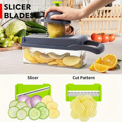 Vegetable Chopper 16-in-1 Manual Food Chopper Set – 8 Stainless Steel Blades, 304 Container, Peeler & Filter | Onion, Garlic & Carrot Slicer Dicer | Professional Kitchen Meal Prep Tool