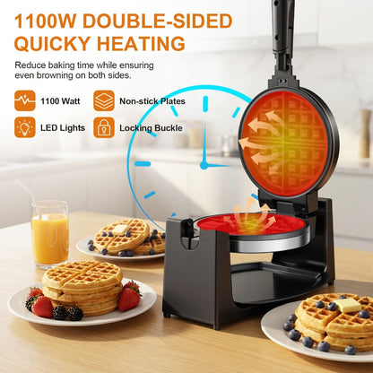 Rotating Belgian Waffle Maker 180° Flip Waffle Iron - Non-Stick Plates, Adjustable Browning Control, Foldable Cool-Touch Handle, Removable Drip Tray, Space-Saving Stainless Steel Design for Home Brunch