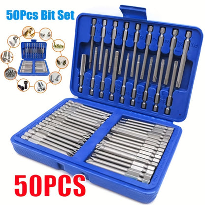 Magnetic Screwdriver Bits Set 50pcs – 75mm Extended Security Bits, 1/4" Hex Shank, Torx Star Hex Spline, for Power Drills & Hand Screwdrivers