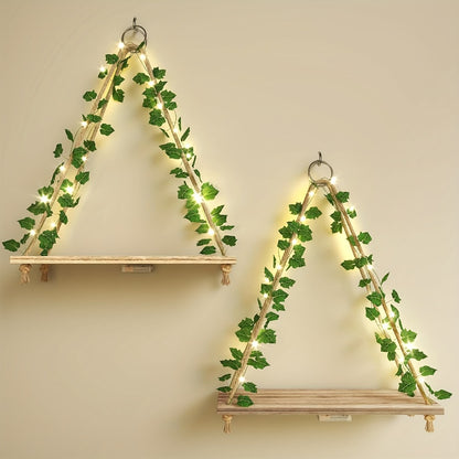Floating Wall Shelves with Artificial Ivy LED Strip Lights Macrame Boho Wood Hanging Shelf Plant Wall Decor Bedroom Living Room Bathroom 15.7 Inch