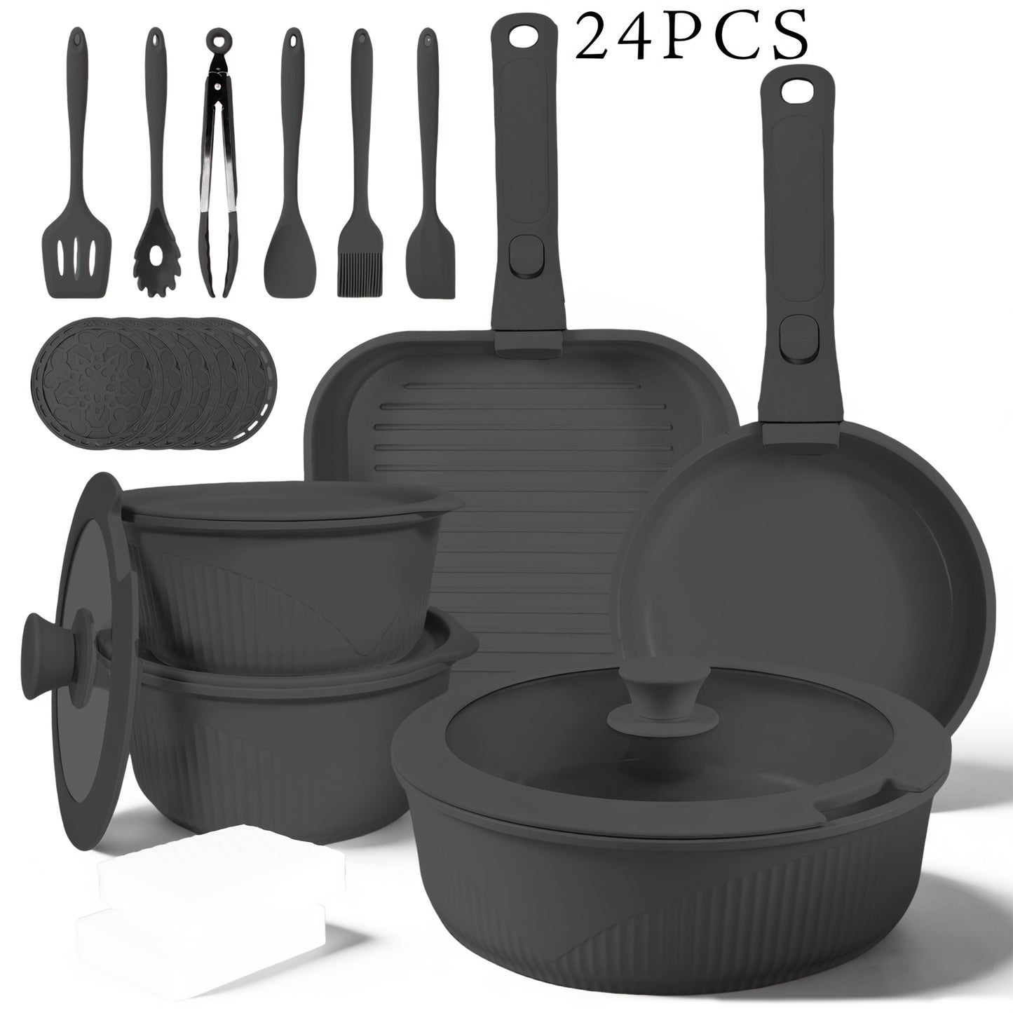 Nonstick Cookware Set 5/7/24 Piece Induction Ready with Detachable Handles – Stackable Pots & Pans Set Includes Skillet Frying Pan Soup Pot Steak Pan for Home RV Kitchen, Multiple Colors
