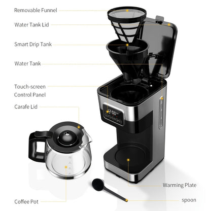 Programmable Drip Coffee Maker 10-Cup Touchscreen Pause and Serve Stainless Steel Carafe Keep Warm Auto Shut-Off for Home Kitchen Office Black