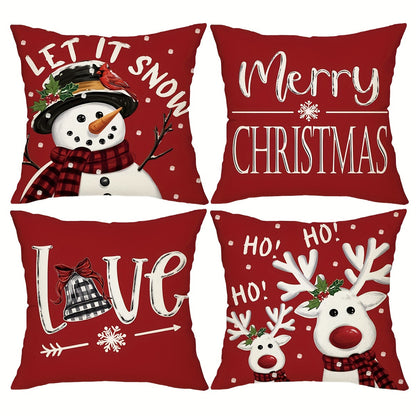 Christmas Throw Pillow Covers 4pcs Set 18x18 | Reindeer Snowman Buffalo Plaid Cushion Covers, Winter Holiday Farmhouse Home Decor, Sofa Couch Porch Patio, No Insert