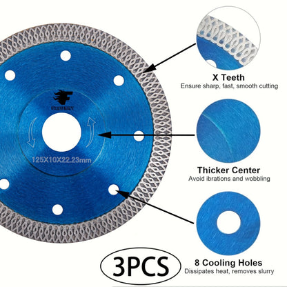 Diamond Saw Blade 4-1/2 Inch 3-Pack X-Teeth Ultra Thin Dry Wet Cut for Porcelain Ceramic Tile Brick Granite Concrete 13000 RPM 7/8 Arbor with 5/8 Adapter DIY Home Use