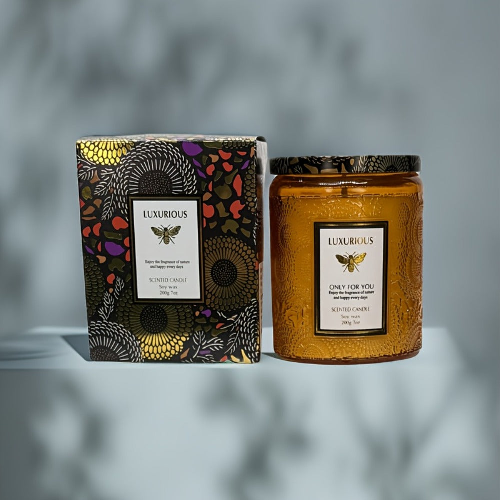 Scented Candle in Relief Glass Cup – Aromatherapy Home Fragrance with Crystal Embellishment, Single Wick, Multiple Scents – Jasmine, Tuberose, Amber, Sage & More