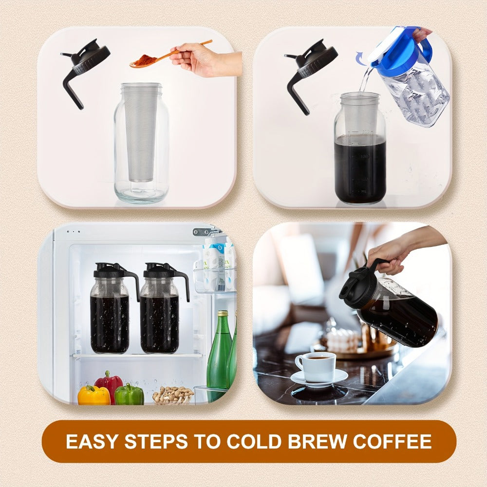 Cold Brew Coffee Maker with Stainless Steel Filter & Cleaning Brush - Large Capacity Glass Mason Jar Pitcher for Home, Kitchen, Bar & Restaurant, Professional Cold Brew Pot for Smooth Concentrate