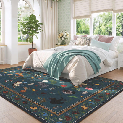 Boho Cat Floral Area Rug – Vintage Blue Animal Print Low Pile Carpet, Non-Slip Soft Rug for Living Room, Bedroom & Dining Room, Round & Runner Sizes, Easy Clean