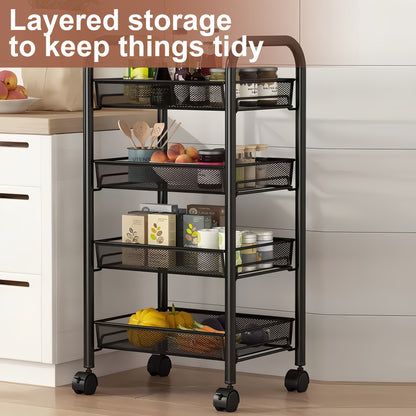 Rolling Storage Cart on Wheels – 3/4/5 Tier Carbon Steel Wire Basket Trolley, Black Metal Utility Cart for Kitchen, Bathroom, Bedroom, Office & Living Room, Space-Saving Detachable Shelving Unit