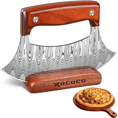 Hand-Forged Ulu Knife Rocker Blade High Carbon Steel Full Tang Rosewood Handle with Leather Sheath & Gift Box, Mezzaluna Chopping Knife for Kitchen Camping BBQ, Chef Gift for Men