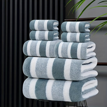 Towel Set 8 Piece Two-Color Striped - Super Absorbent Soft No Hair Loss Bath Towel Combo | 2 Bath Towels 2 Face Towels 4 Hand Towels | Grey Red Blue Green | Bathroom Family Hotel Spa Gift Set