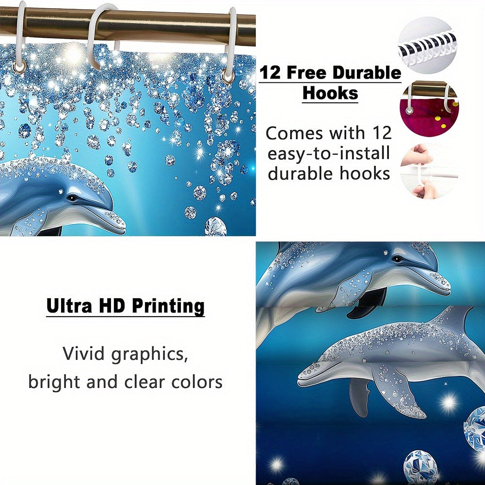 4pcs Dolphin Shower Curtain Set with Non-Slip Bath Mat, Toilet Rug & 12 Hooks – Waterproof Bathroom Decor Gift Set