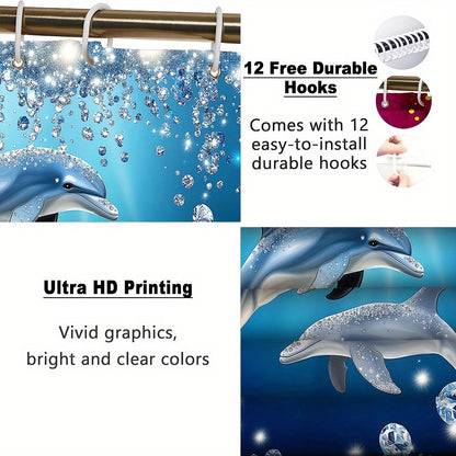 4pcs Dolphin Shower Curtain Set with Non-Slip Bath Mat, Toilet Rug & 12 Hooks – Waterproof Bathroom Decor Gift Set