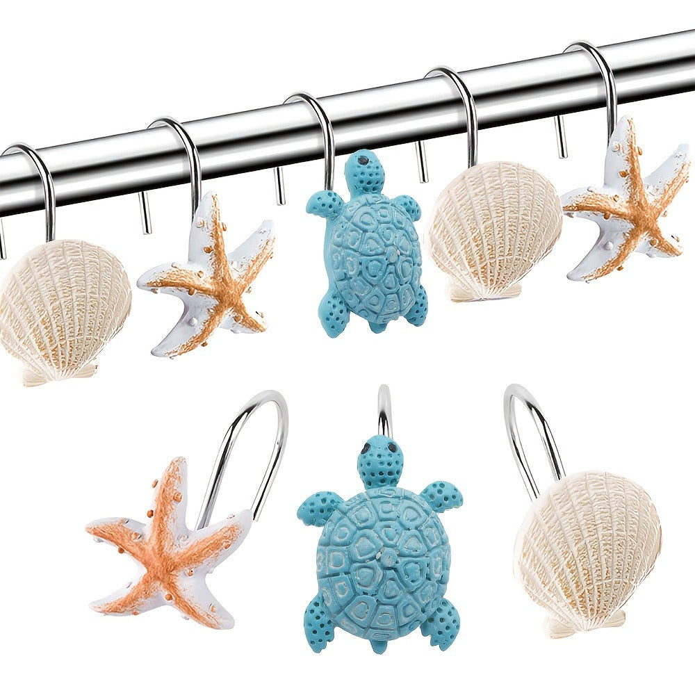 12pcs Resin Marine Shower Curtain Hooks – Blue Turtle & Starfish Shell Decorative Bathroom Curtain Ring Hangers Home Decor Accessories