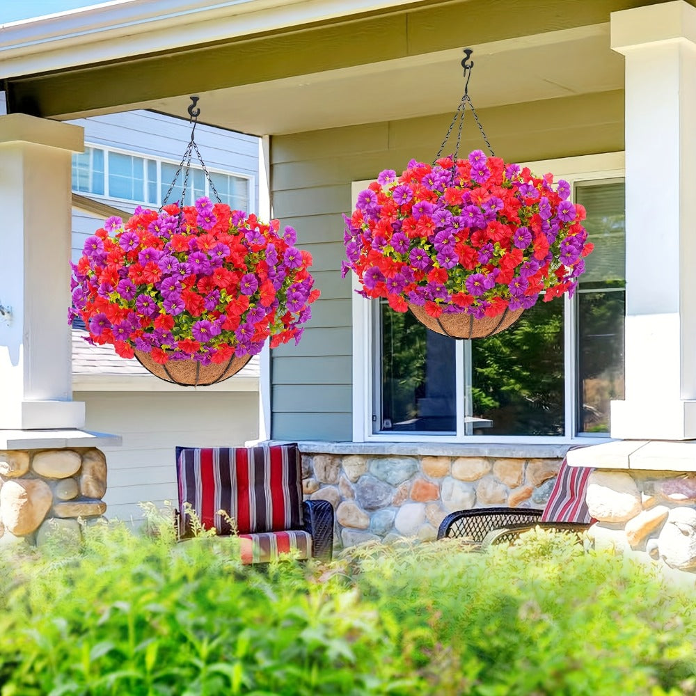 Artificial Hanging Flowers Outdoor UV-Resistant Fake Petunias with Planter Basket – Realistic Faux Hanging Plants for Garden Patio Porch Balcony Railing Decor