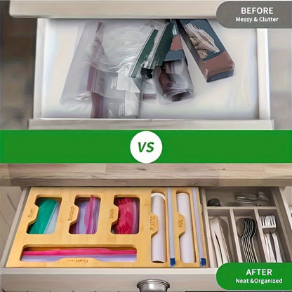 Bamboo Kitchen Organizer 6-in-1 - Aluminum Foil Plastic Wrap Dispenser with Cutter Ziplock Bag Organizer for Kitchen Drawer Gallon Quart Sandwich Snack Bags Storage