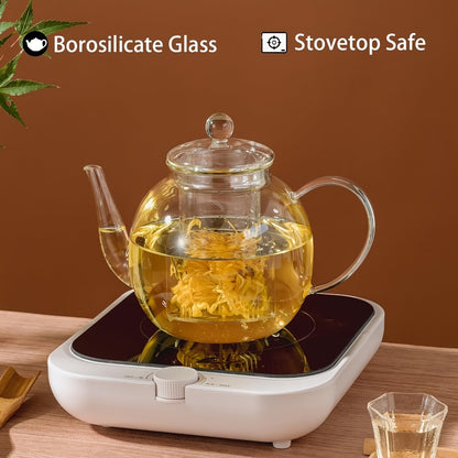Glass Teapot with Removable Infuser 51oz Borosilicate Clear Tea Kettle Stovetop Safe for Loose Leaf Blooming Herbal & Flower Tea – 1530ml Tea Pot with Optional Teacup Set