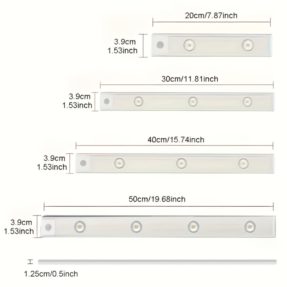 LED Sensor Strip Light USB Rechargeable – 3-Color Dimmable Motion Sensing Wireless Night Light for Kitchen, Wardrobe, Cabinet, Shoe Cabinet & Bedroom (20cm / 30cm / 40cm / 50cm)