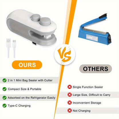 Mini Bag Sealer 2-Pack USB-C Rechargeable 2-in-1 Heat Seal with Cutter – Magnetic Storage Bag Resealer for Plastic Snack Food Bags | Airtight Freshness Keeper Portable Kitchen Gadget White