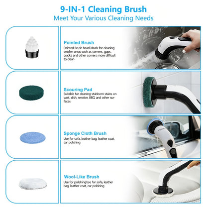 Electric Spin Scrubber Cordless IPX8 Waterproof 9 Replaceable Brush Heads 4 Adjustable Extension Handles LED Display 2-Speed 90-Min Battery for Bathroom Kitchen Tile Floor Tub Grout Cleaning White