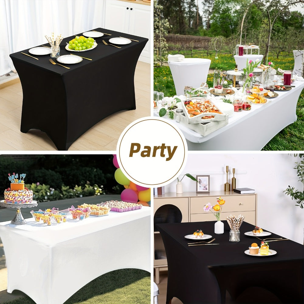 Spandex Stretch Fitted Tablecloths 2pcs 3pcs – 4ft 6ft 8ft Rectangular Elastic Table Covers, Wrinkle-Resistant in Black & White for Wedding, Banquet, Trade Show, Graduation & Party Decoration