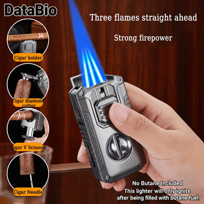Windproof Tri-Jet Flame Butane Lighter 5-in-1 Metal Refillable - Adjustable Flame Cigar Lighter with Transparent Gas Chamber for BBQ Camping Candles Gift