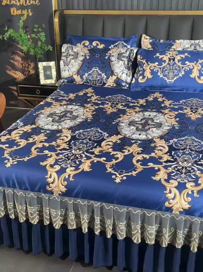 Floral Ruffle Bed Skirt Cool Mat 3 Piece Set with Pillowcase, Double Layer 360° Full Wrap Washable Cooling Mattress Cover, Breathable Summer Bedding Set for Twin Full Queen King, Parisian Romantic Floral