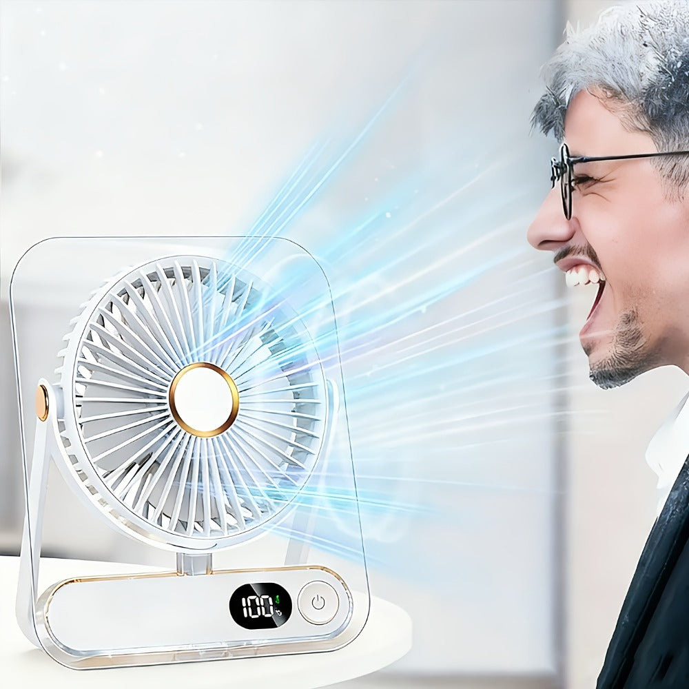 Portable USB Desktop Fan 3000mAh Battery, Ultra-Quiet 5-Speed Foldable Fan with 180° Adjustable Tilt and Digital Power Display, Small Personal Cooling Fan for Home, Office and Travel
