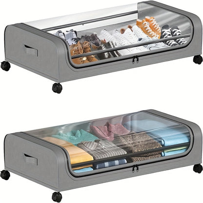 Under Bed Storage Organizer with Wheels & Lid - Metal Rolling Bins for Clothes Bedding Shoes Blankets Books (2pcs)