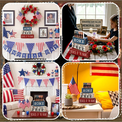 4th of July Tiered Tray Decor – Patriotic Wooden Table Centerpiece with American Flag Signs for Independence Day, Memorial Day & Rustic Farmhouse Home Decor