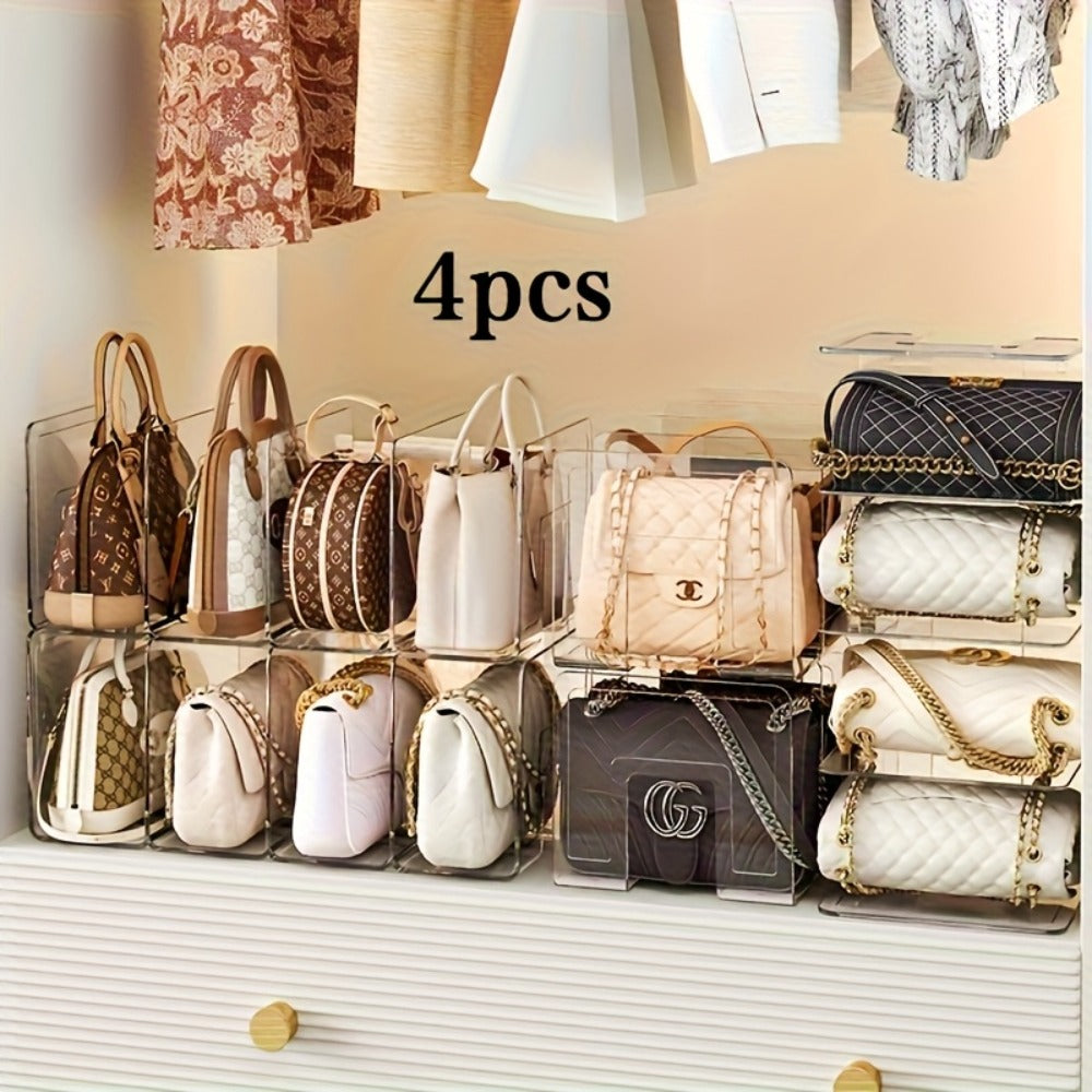 Purse Organizer for Closet 4-Pack – Clear Plastic Bag Storage Divider Shelf, Handbag Holder for Wardrobe, Bedroom, Dormitory, Holds 8–16 Bags