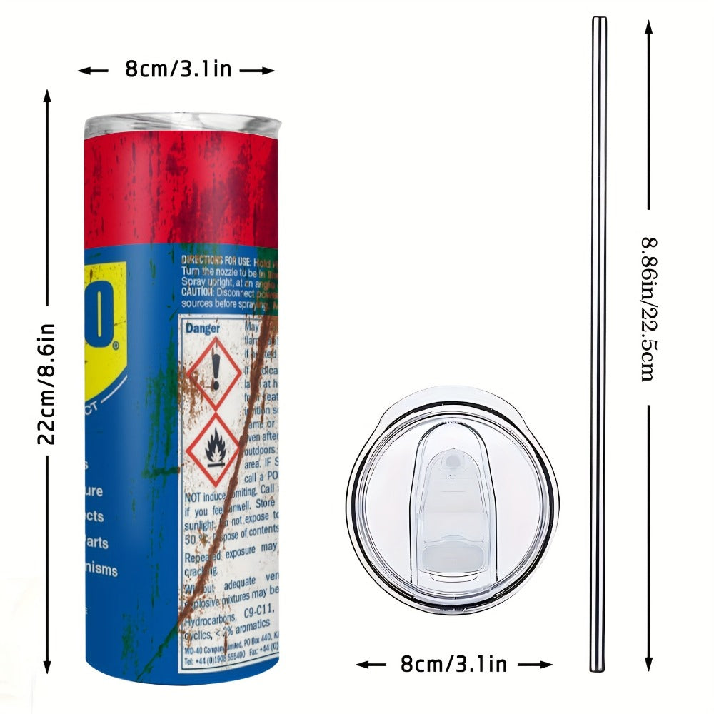 Insulated Tumbler 20oz Stainless Steel Travel Mug with Lid & Straw WD-40 Style Design Keeps Drinks Hot 6 Hours Cold 12 Hours – Mechanic Gift for Men Garage Workshop
