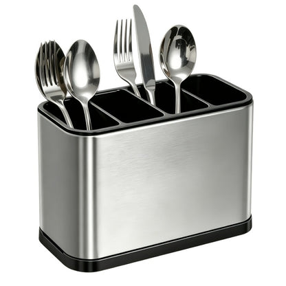 Utensil Holder Stainless Steel Cutlery Organizer 4-Compartment Countertop Caddy Anti-Slip Drain Holes for Kitchen Forks Knives Spoons Chopsticks