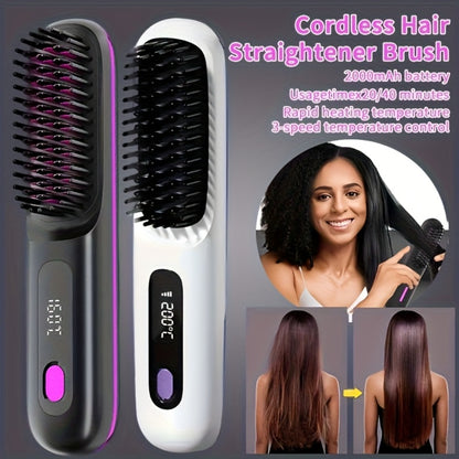 Cordless Hair Straightener USB Rechargeable - 3 Temperature Controls, LED Display, Long-Lasting Shine, Lightweight Travel Flat Iron with Comb & Clips, Portable Mini Hair Straightener for Women