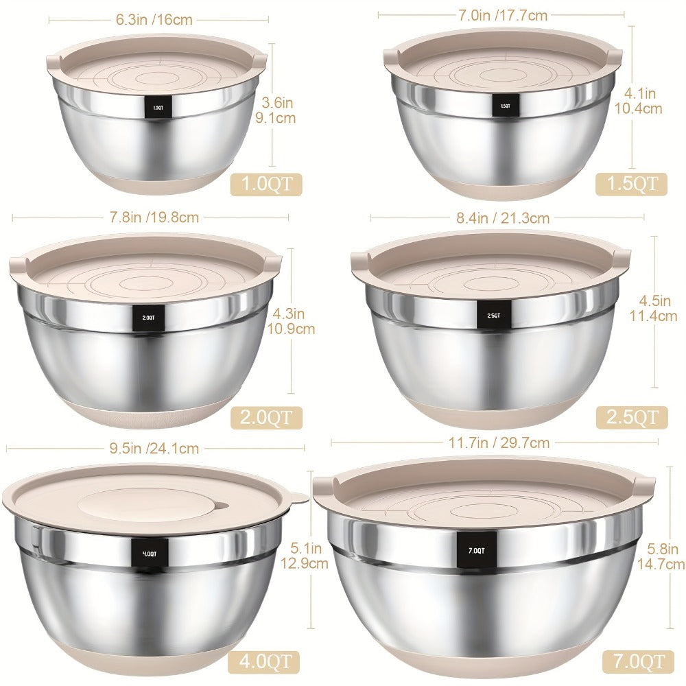 Mixing Bowls Set with Airtight Lids – 26pcs Stainless Steel Bowl Set with 3 Grater Attachments, Non-Slip Bottoms, Sizes 1–7QT – Kitchen Bowls for Mixing, Serving, Baking & Meal Prep