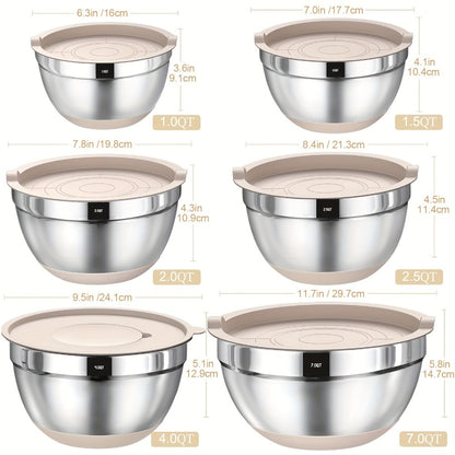 Mixing Bowls Set with Airtight Lids – 26pcs Stainless Steel Bowl Set with 3 Grater Attachments, Non-Slip Bottoms, Sizes 1–7QT – Kitchen Bowls for Mixing, Serving, Baking & Meal Prep