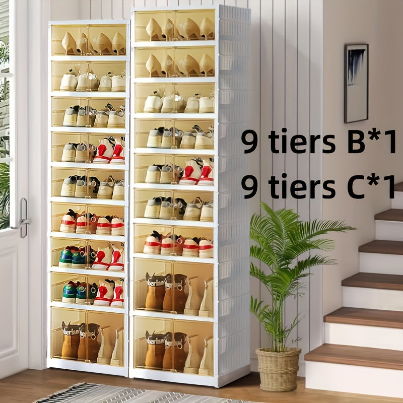 Shoe Rack Organizer 9-Tier, Collapsible Clear Plastic Foldable Stackable Shoe Cabinet with Shelves & Doors — No Assembly, Space-Saving Narrow Storage for Hallway, Apartment & Small Spaces