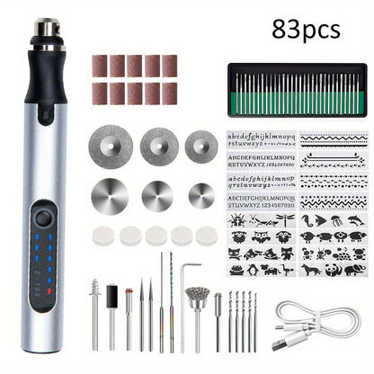 Mini Rotary Tool Kit - Wireless USB Rechargeable Micro Drill Carving Pen for Cutting, Carving, Drilling, Polishing & Buffing (58/74/83 Pcs)