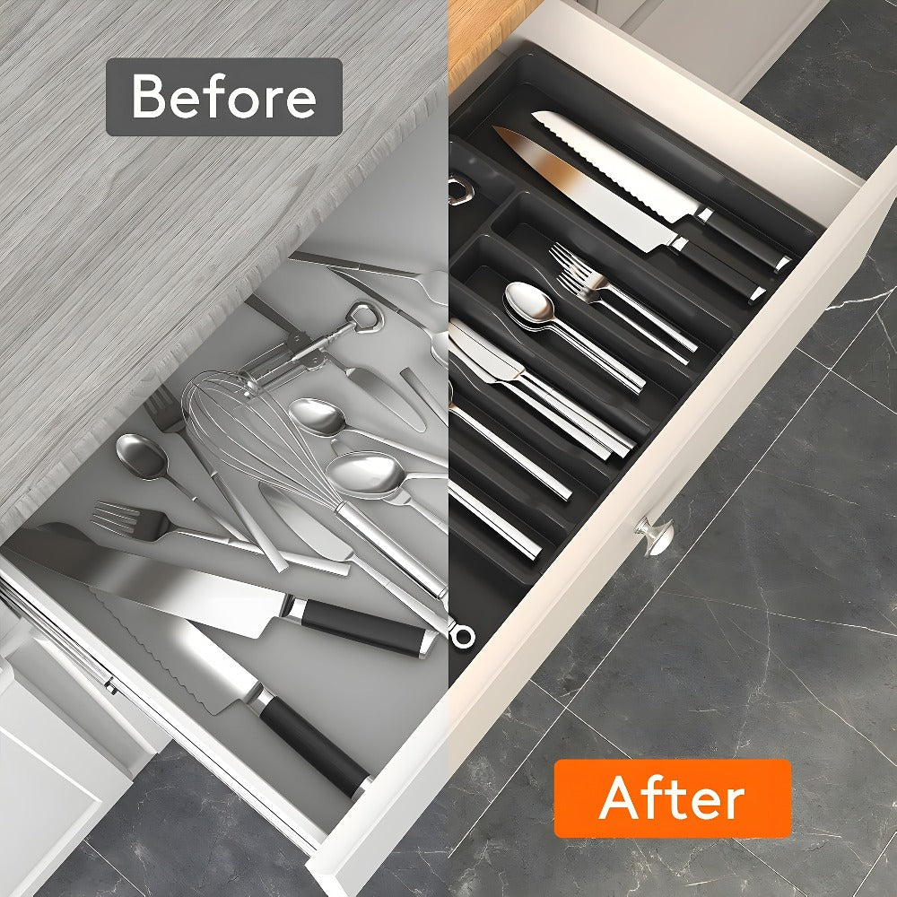 Silverware Organizer Adjustable Drawer Organizer | Utensil & Cutlery Storage Tray for Kitchen Drawer | Expandable Knife Fork Spoon Holder 22.4" x 15" x 2" | Kitchen Organization & Storage in Black Grey White