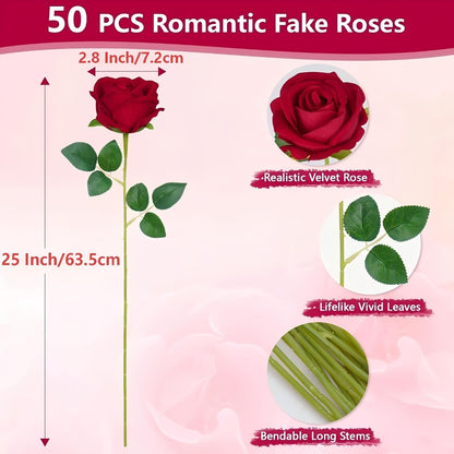 Artificial Roses Bulk with Long Stems – Real Touch Velvet Fake Flowers for Wedding Bouquet, Bridal Centerpiece, Valentine's Day, Mother's Day, Home Decor (50/100pcs, Multi Colors)