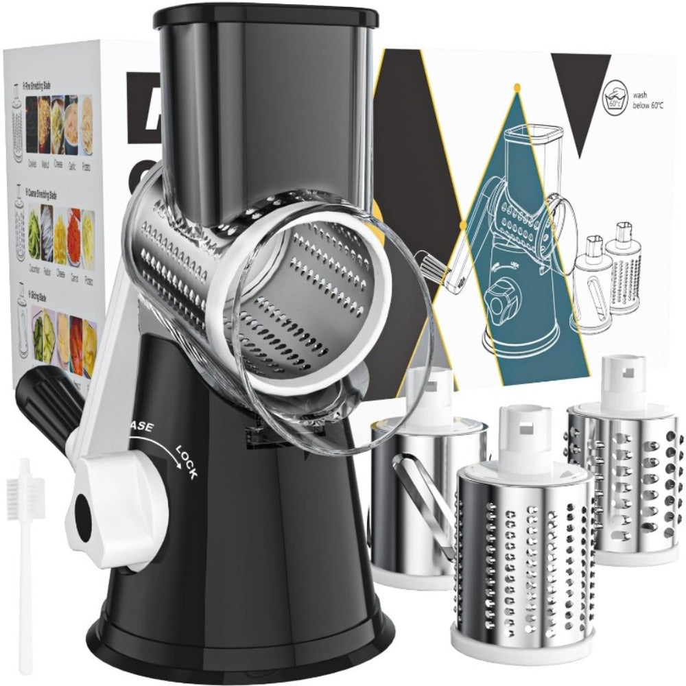 Rotary Cheese Grater with Hand Crank – 3 Interchangeable Blades for Cheese, Vegetables & Nuts, Non-Slip Suction Base, Includes Cleaning Brush – Manual Cheese Shredder for Kitchen (6 Colors)