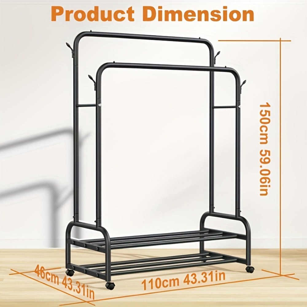 Double Rod Clothes Rack with Wheels Metal Heavy Duty Garment Rack with Shelves and Hooks Portable Closet Organizer for Bedroom Living Room Gold
