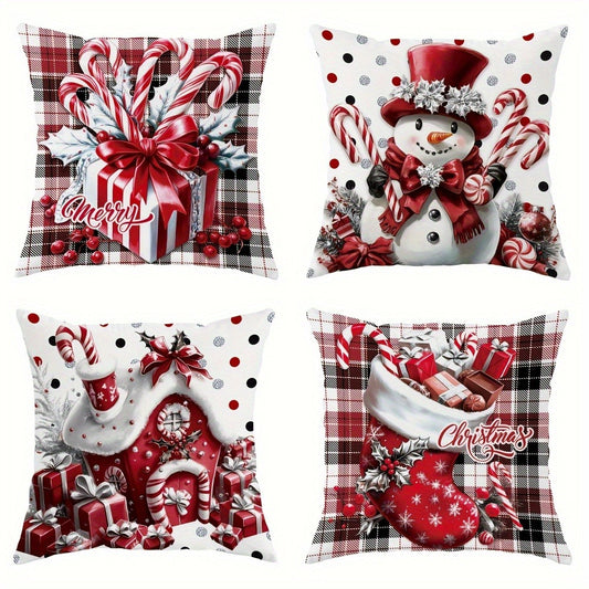 Christmas Throw Pillow Covers 4pcs Set - Snowman Candy Cane Buffalo Plaid Polyester 18x18in Decorative Cushion Covers with Zipper for Holiday Winter Living Room Bedroom Sofa Bed Decor