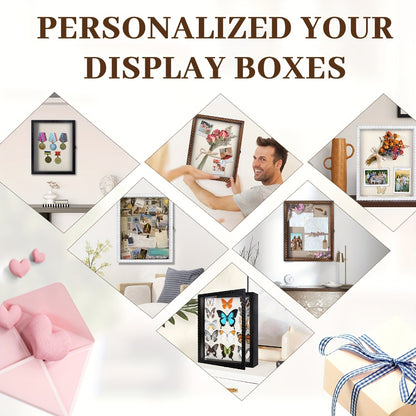 Shadow Box Frame with Linen Back – Large Rustic Memory Display Case 11x14 & 12x16 Inch for Photos, Medals, Coins, Pins, Flowers & Collectibles, 4 Removable Shelves, Black White Brown