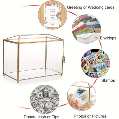 Wedding Card Box with Lock Glass Gold Transparent Slot Lid 10.2x5.9x8.3 In Holds 100 Cards for Wedding Baby Shower Birthday Party