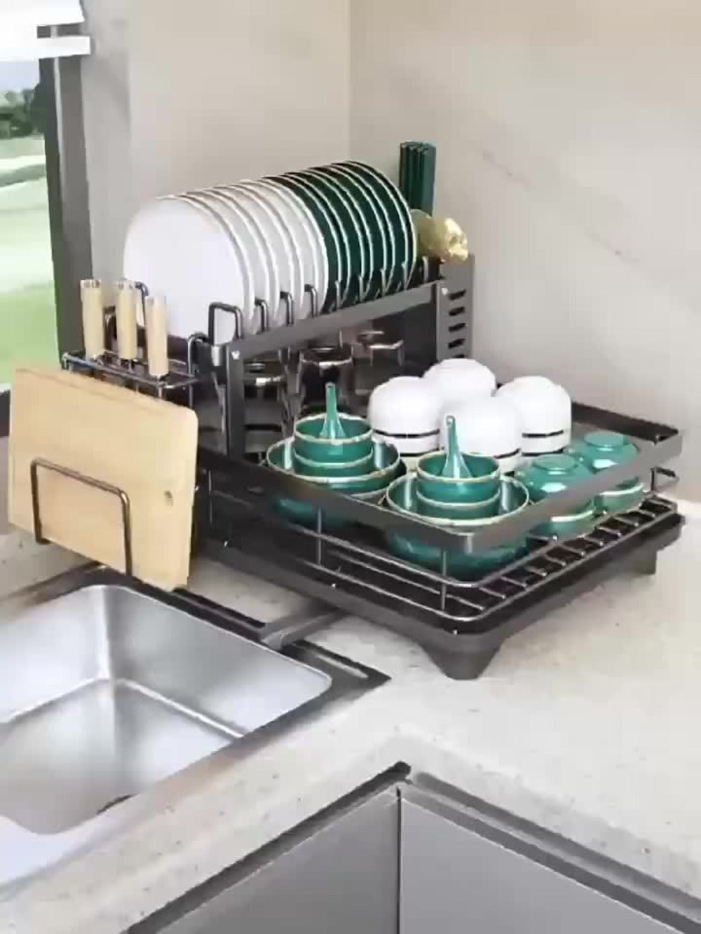 2-Tier Metal Dish Drying Rack with Cutlery Holder Cup Holder & Rust-Proof Drip Tray – Space Saving Countertop Kitchen Organizer