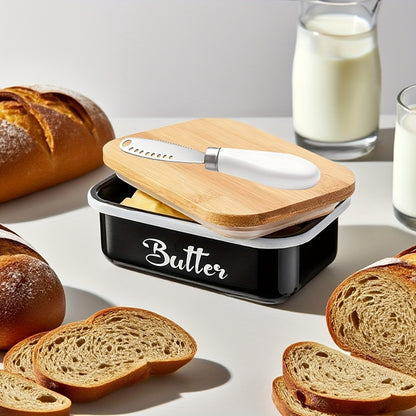 Butter Dish with Bamboo Lid & Knife, Iron Airtight Butter Keeper & Cheese Storage Box — Large Capacity Kitchen Counter Butter Container | Holiday Gift | Black, Gray, Green
