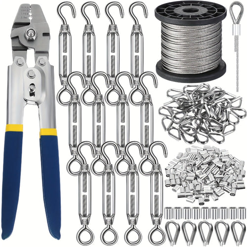 264Pcs Wire Rope Crimping Tool Kit 328ft – Stainless Steel Hook Eye Turnbuckle Thimble Aluminum Crimping Sleeve for Outdoor Garden Railing String Light Hanging
