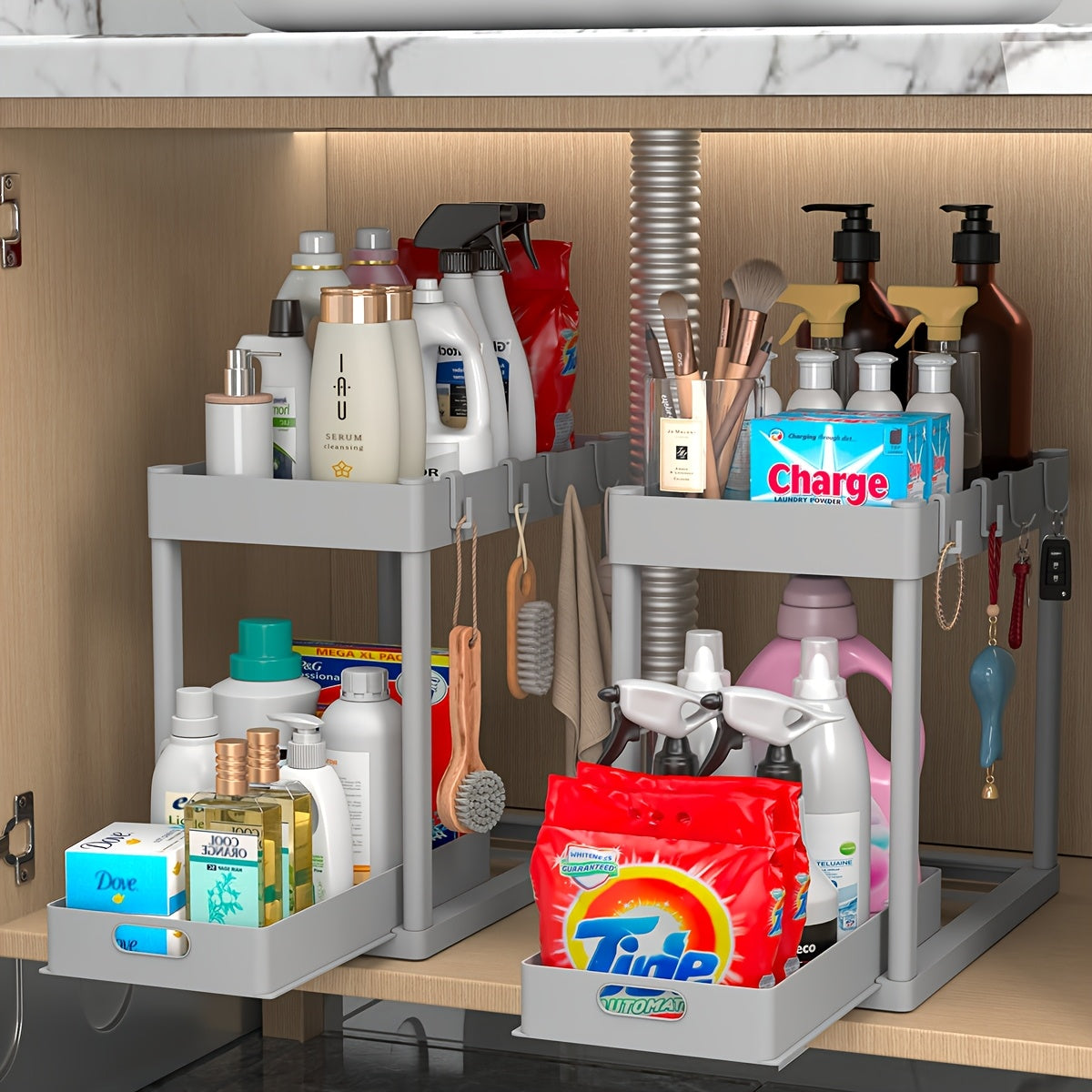 Under Sink Organizer Set of 2 – Dual Tier Sliding Basket Drawers with 8 Hooks Kitchen Bathroom Cabinet Storage