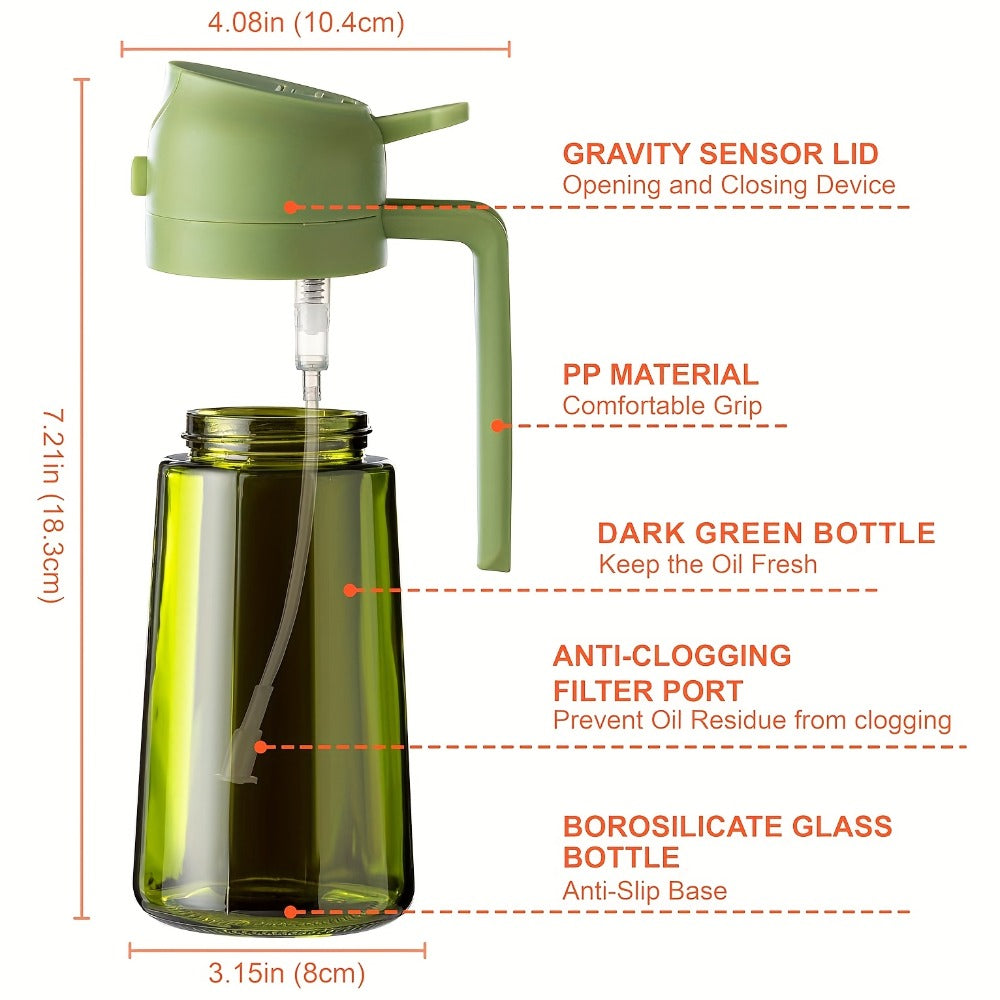 Olive Oil Dispenser Bottle 2-in-1 Glass Oil Sprayer & Dispenser 16oz Kitchen Cooking Oil Bottle with Labels for BBQ, Salad, Air Fryer & Grilling – 2 Pack
